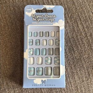 Kids Faux Nail Set of 24  - Blue, white and Silver “BE YOU” style, NEW